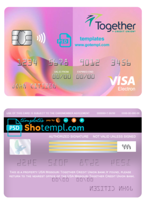 editable template, USA Missouri Together Credit Union bank visa electron card fully editable template in PSD format