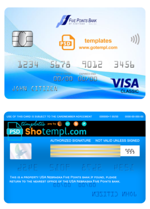 editable template, USA Nebraska Five Points Bank visa classic card fully editable template in PSD format