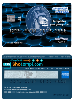 editable template, USA New York American Express Blue bank card fully editable template in PSD format