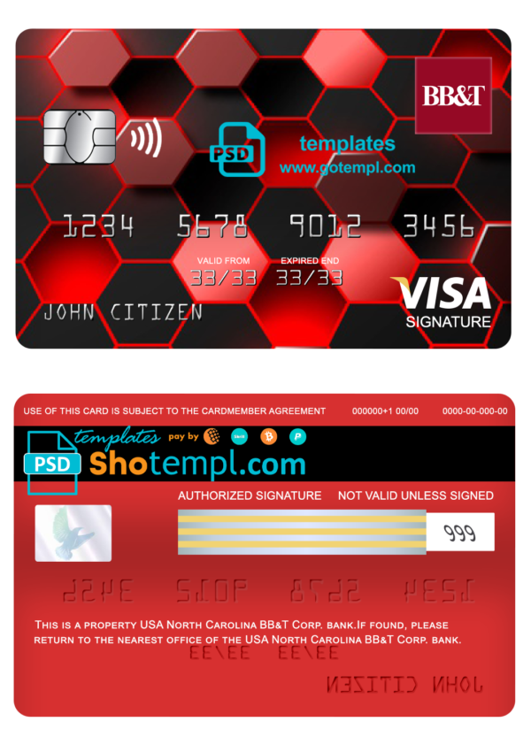 editable template, USA North Carolina BB&T Corp. bank visa signature card fully editable template in PSD format