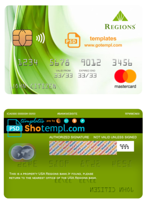 editable template, USA Regions bank mastercard fully editable template in PSD format