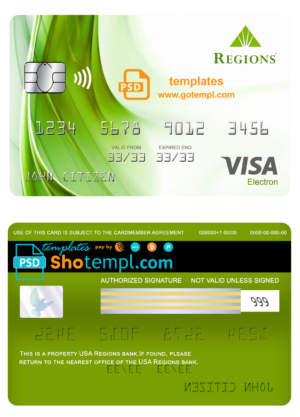 editable template, USA Regions bank visa electron card fully editable template in PSD format