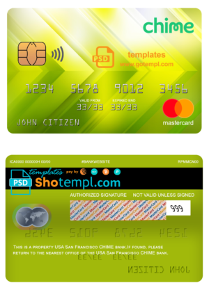 editable template, USA San Francisco CHIME bank mastercard fully editable template in PSD format