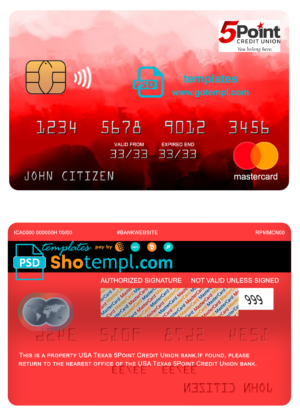 editable template, USA Texas 5Point Credit Union bank mastercard, fully editable template in PSD format