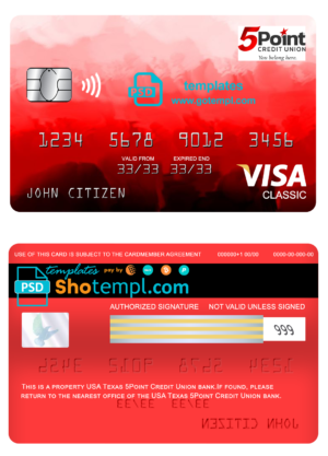 editable template, USA Texas 5Point Credit Union bank visa classic card, fully editable template in PSD format