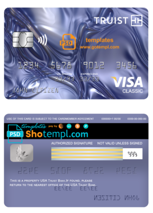 editable template, USA Truist Bank visa classic card, fully editable template in PSD format