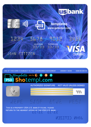 editable template, USA U.S. bank visa classic card, fully editable template in PSD format