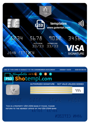 editable template, USA USAA bank visa signature card, fully editable template in PSD format
