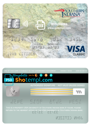 editable template, USA University of Southern Indiana bank visa classic card, fully editable template in PSD format
