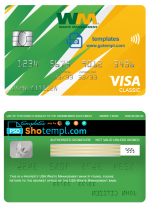 editable template, USA Waste Management bank visa classic card, fully editable template in PSD format