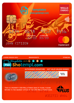 editable template, USA Wells Fargo bank mastercard, fully editable template in PSD format