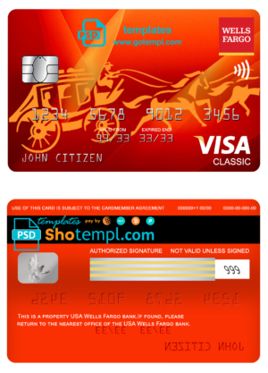editable template, USA Wells Fargo bank visa classic card, fully editable template in PSD format