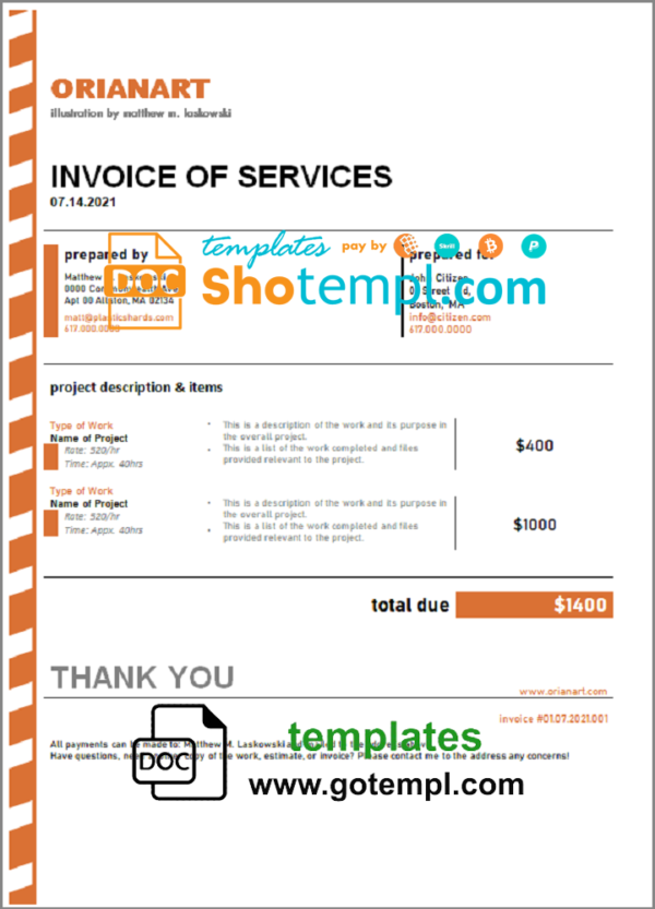 editable template, Australia Orianart art and design company invoice template in Word and PDF format, fully editable