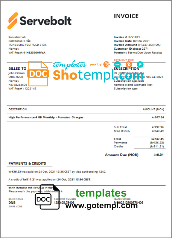 editable template, Norway Servebolt high performance hosting company invoice template in Word and PDF format, fully editable