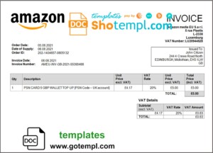 editable template, United Kingdom Amazon American multinational technology company invoice template in Word and PDF format, fully editable