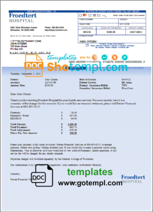 editable template, USA Froedtert Hospital invoice template in Word and PDF format, fully editable