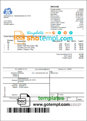 editable template, Finland SpiceImport Ltd invoice template in Word and PDF format, fully editable