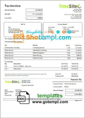 editable template, Australia TimeSite easy-to-use application invoice template in Word and PDF format, fully editable