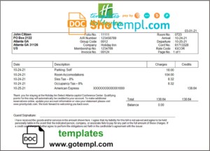 editable template, USA Holiday Inn InterContinental Hotels Group invoice template in Word and PDF format, fully editable