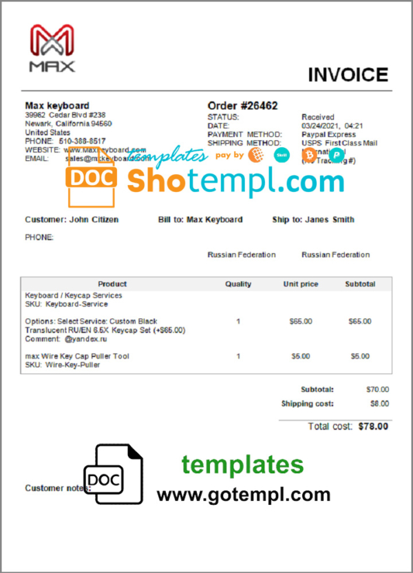 editable template, USA Max Keyboard Company invoice template in Word and PDF format, fully editable