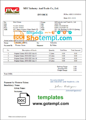 editable template, USA MEC Industry and Trade Co invoice template in Word and PDF format, fully editable
