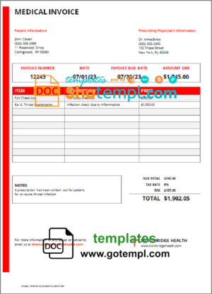 editable template, USA New York Northridge Health Center medical invoice template in Word and PDF format, fully editable