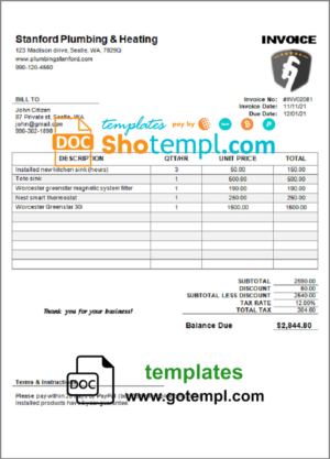 editable template, USA Stanford Plumbing & Heating company invoice template in Word and PDF format, fully editable