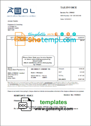editable template, Australia ABOL marketing consultancy company invoice template in Word and PDF format, fully editable