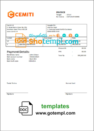 editable template, India Cemiti sports electronic community invoice template in Word and PDF format, fully editable