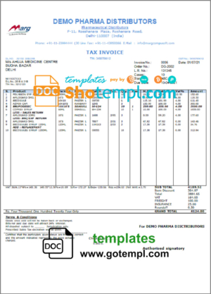 editable template, India Demo Pharma Distributor medicine consultancy services invoice template in Word and PDF format, fully editable