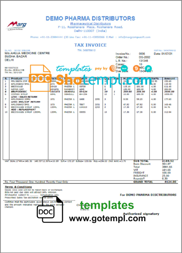 editable template, India Demo Pharma Distributor medicine consultancy services invoice template in Word and PDF format, fully editable