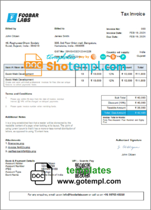 editable template, India Foobar Labs Information Technology Company invoice template in Word and PDF format, fully editable, version 1