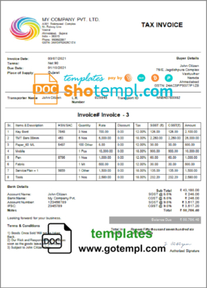 editable template, India My Company Pvt Ltd invoice template in Word and PDF format, fully editable