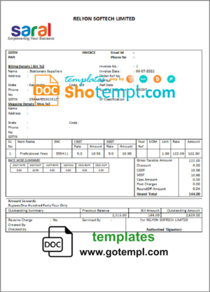 editable template, India Saral cooperative altimetry technology mission invoice template in Word and PDF format, fully editable