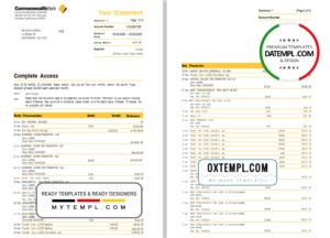 editable template, Australia Commonwealth bank statement template in Excel and PDF format (3 pages), version 2