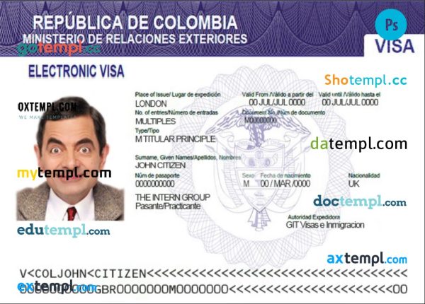 editable template, Colombia electronic visa template in PSD format, fully editable