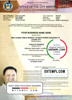 editable template, Philippines City of Lucena private entrepreneur certificate template in PSD format