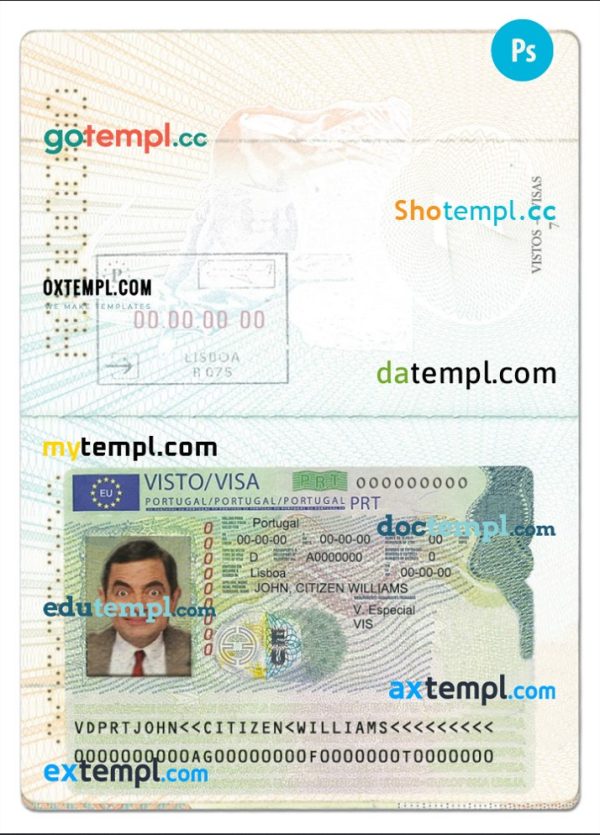 editable template, Portugal Visa card template in PSD format, fully editable