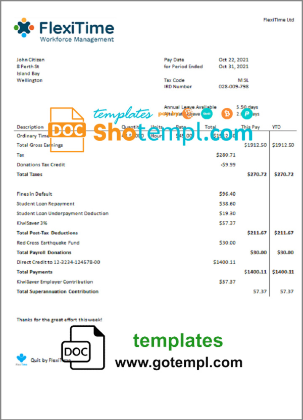 editable template, USA FlexiTime workforce management & payroll solutions invoice template in Word and PDF format, fully editable