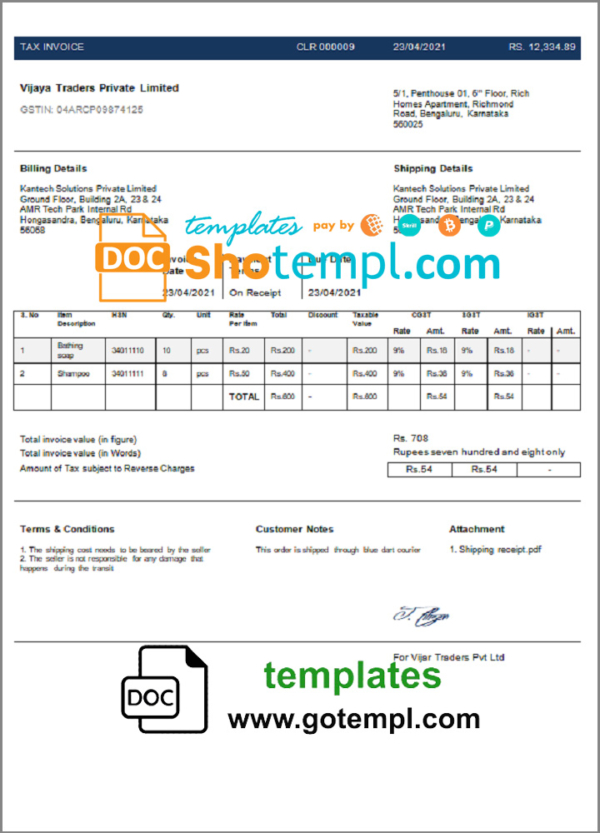 editable template, India Vijaya Traders Private Limited Company invoice template in Word and PDF format, fully editable