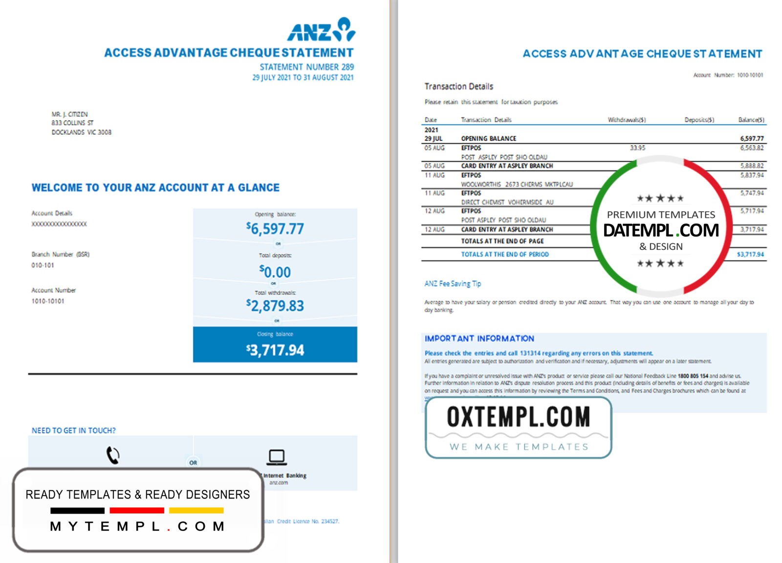 editable template, Australia ANZ proof of address bank statement template in .xls and .pdf format, 2 pages