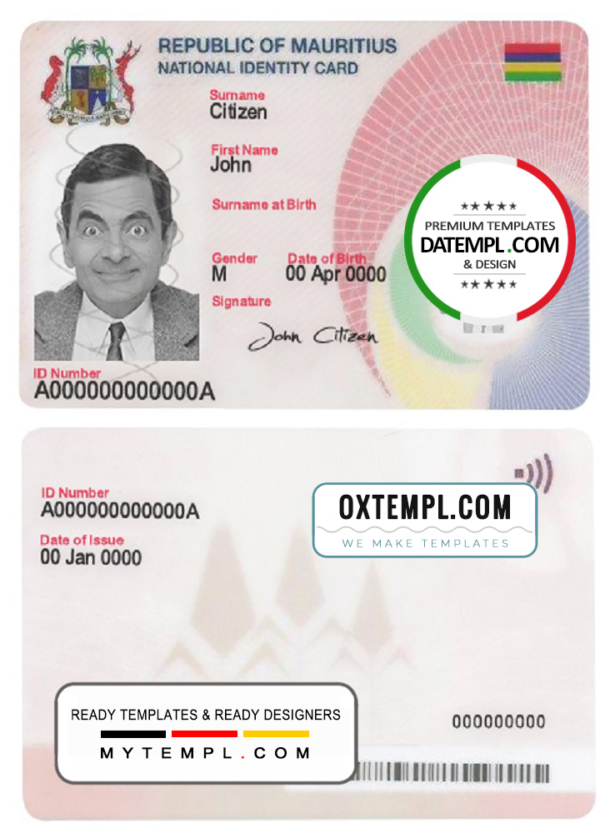 editable template, Mauritius ID card template in PSD format, fully editable