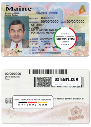editable template, USA Maine state driving license template in PSD format, with all fonts (2019 - present)