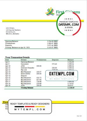 editable template, Barbados First Citizens bank statement template in .doc and .pdf format