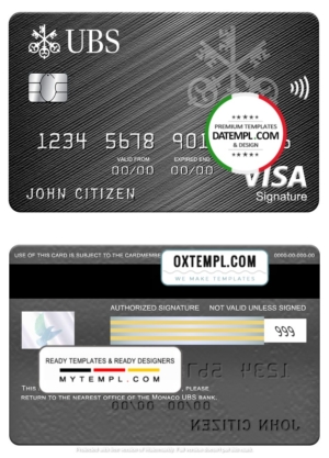 editable template, Monaco UBS bank visa signature card, fully editable template in PSD format