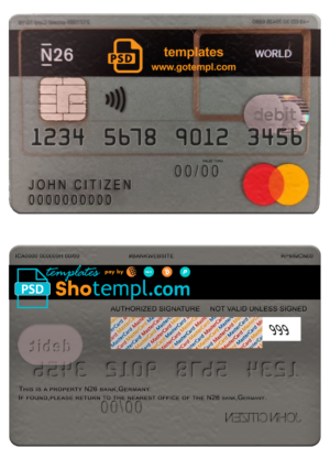 editable template, Germany N26 bank mastercard template in PSD format, fully editable