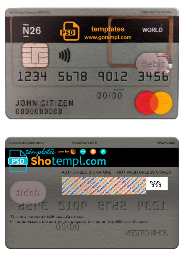 editable template, Germany N26 bank mastercard template in PSD format, fully editable