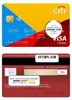 editable template, Netherlands Citibank visa classic card template in PSD format, fully editable