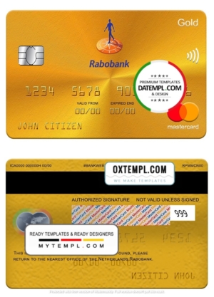 editable template, Netherlands Rabobank mastercard gold, fully editable template in PSD format