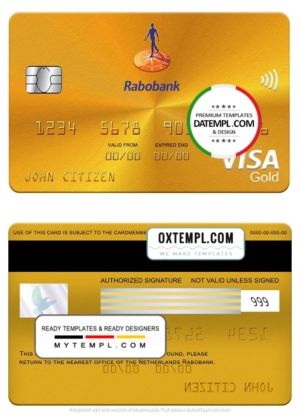 editable template, Netherlands Rabobank visa gold card, fully editable template in PSD format